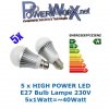 5 Stk. LED BULB BIRNE LEUCHTE STANDARD 5W HIGHPOWER LED E27 120 Grad WARMWEIß