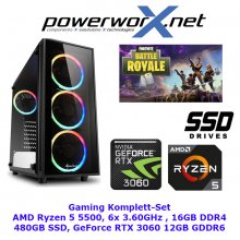 Gamer PC AMD Ryzen 5 5500 6 x 3,60GHz Nvidia RTX 3060 12GB Grafik 16GB DDR4 480GB SSD RBG Tower