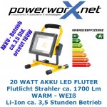 LED AKKU STRAHLER 20W FLUTER Baustellenstrahler Flutlicht Handlampe IP65 Li-Ion