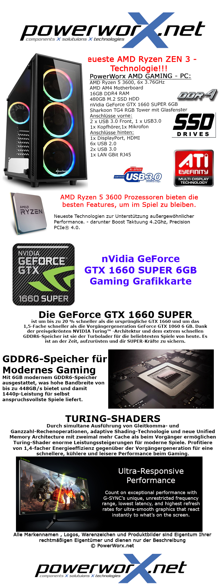 Gamer Pc Amd Ryzen 5 3600 6 X 3 60ghz Nvidia Gtx 1660 Super Grafik 16gb Ddr4 480gb Ssd Rbg Tower 2332 1 149 00 Powerworx Net