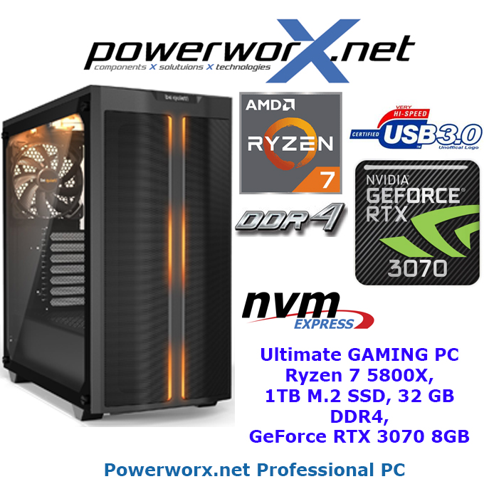 High End Gaming PC AMD Ryzen 7 5800X 8X 4.7 GHz Turbo, NVIDIA RTX 3070 8GB, 32 GB DDR4, 1TB SSD be quiet Design Tower - zum Schließen ins Bild klicken