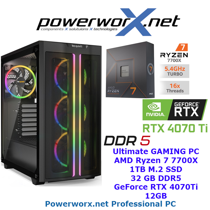 High End Gaming PC AMD Ryzen 7 7700X 8X 5.4 GHz Turbo, NVIDIA RTX 4070Ti 12GB, 32 GB DDR5, 1TB SSD be quiet Design Tower - zum Schließen ins Bild klicken