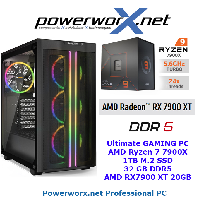 High End Gaming PC AMD Ryzen 9 7900X 12x 5.6 GHz Turbo, AMD Radeon RX7900 XT 20GB, 32 GB DDR5, 1TB SSD be quiet Design Tower - zum Schließen ins Bild klicken
