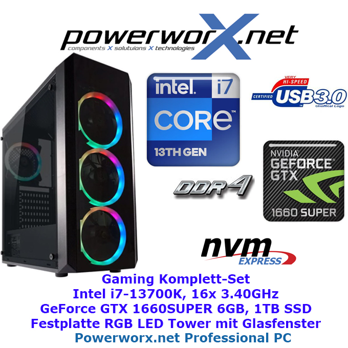 GAMING System Komplettsystem Intel Core i7-13700K, 32GB RAM DDR4, NVIDIA Geforce GTX1660 SUPER, 1TB SSD, RGB - Tower - zum Schließen ins Bild klicken