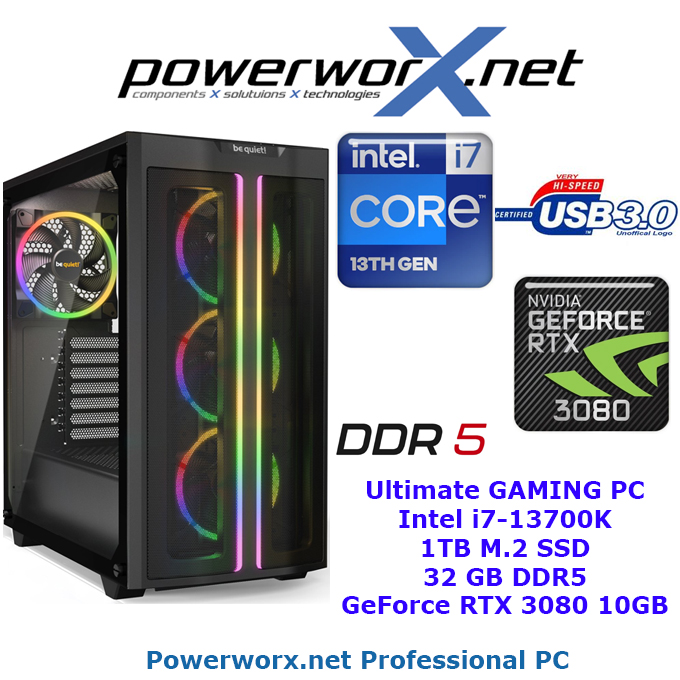 HIGH END Gaming System Intel Core i7-13700K, 32GB RAM DDR5, NVIDIA Geforce RTX 3080, 1TB SSD, RGB - Tower - zum Schließen ins Bild klicken