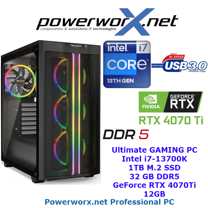 High End Gaming System Intel Core i7-13700K, 32GB RAM DDR5, NVIDIA Geforce RTX 4070Ti, 1TB SSD, RGB - Tower - zum Schließen ins Bild klicken