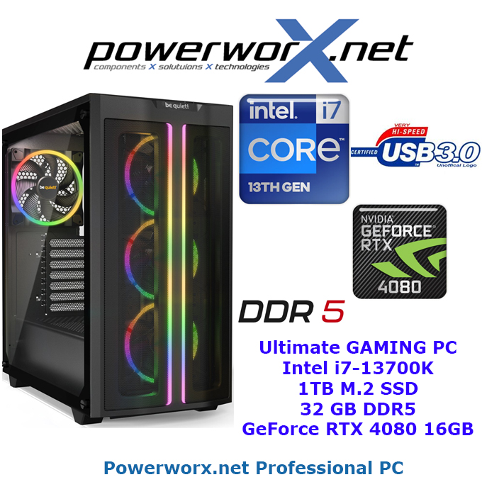 High End Gaming System Intel Core i7-13700K, 32GB RAM DDR5, NVIDIA Geforce RTX 4080, 1TB SSD, RGB - Tower - zum Schließen ins Bild klicken