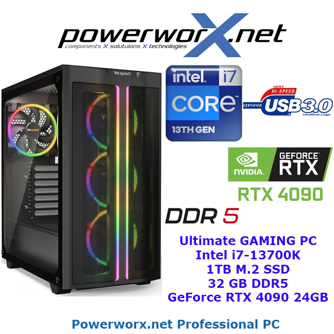High End Gaming System Intel Core i7-13700K, 32GB RAM DDR5, NVIDIA Geforce RTX 4090, 1TB SSD, RGB - Tower - zum Schließen ins Bild klicken