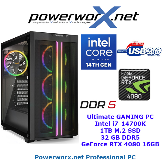 High End Gaming System Intel Core i7-14700K, 32GB RAM DDR5, NVIDIA Geforce RTX 4080, 1TB SSD, RGB - Tower - zum Schließen ins Bild klicken